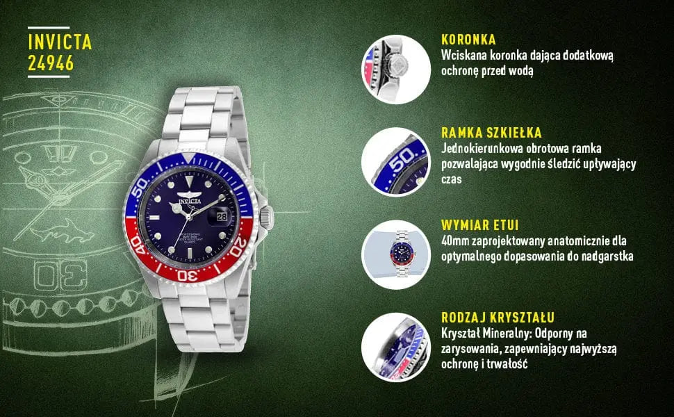 Zegarek Męski Invicta Pro Diver 24946 - WR200, Koperta 40mm Zegarek Męski Invicta Pro Diver 24946 - WR200, Koperta 40mm - Lorence 8713208300880