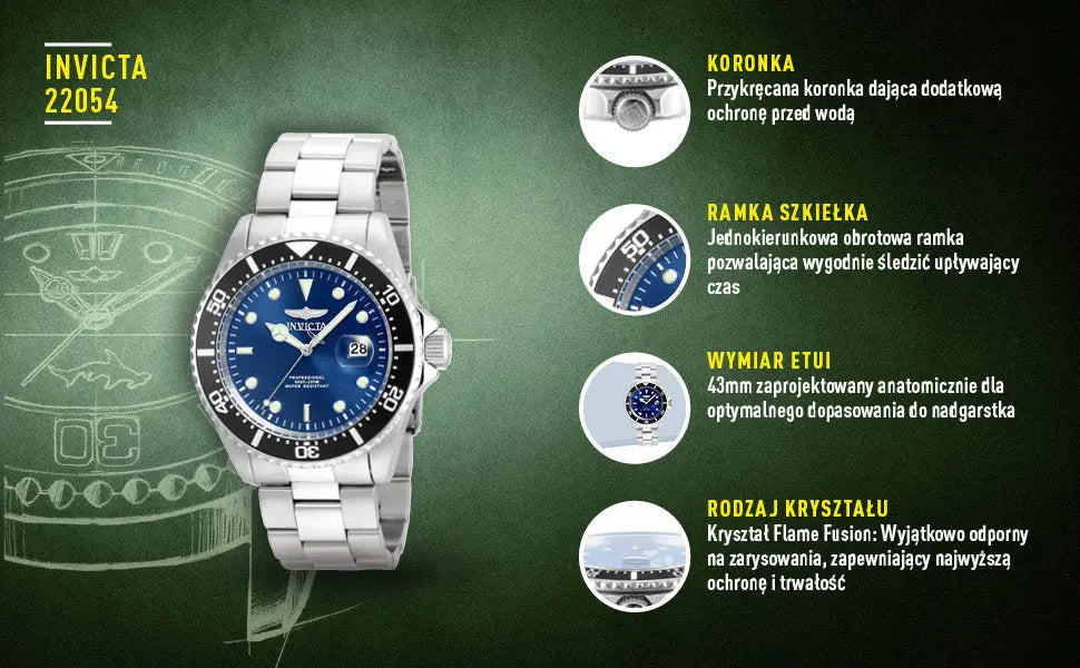 ZEGAREK MĘSKI INVICTA PRO DIVER 22054 - WODOSZCZLNOŚĆ 200m, koperta 43mm ZEGAREK MĘSKI INVICTA PRO DIVER 22054 - WODOSZCZLNOŚĆ 200m, koperta  886678270545