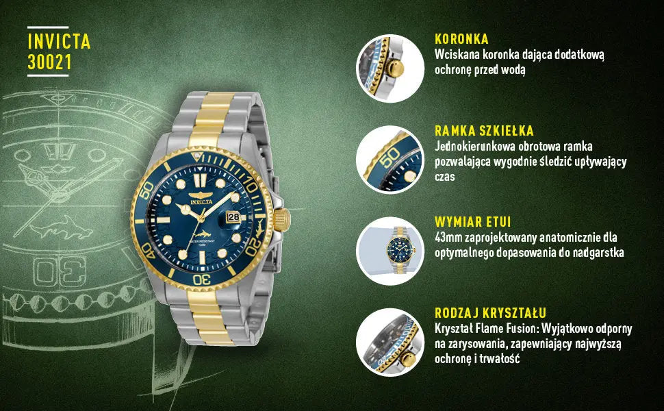 ZEGAREK MĘSKI INVICTA PRO DIVER 30021 - WR100, koperta 43mm (zv011b) ZEGAREK MĘSKI INVICTA PRO DIVER 30021 - WR100, koperta 43mm (zv011b) -  8720105804274